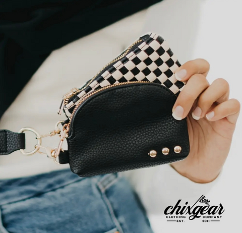 Checkered Dual Pouch Woven Wristlet